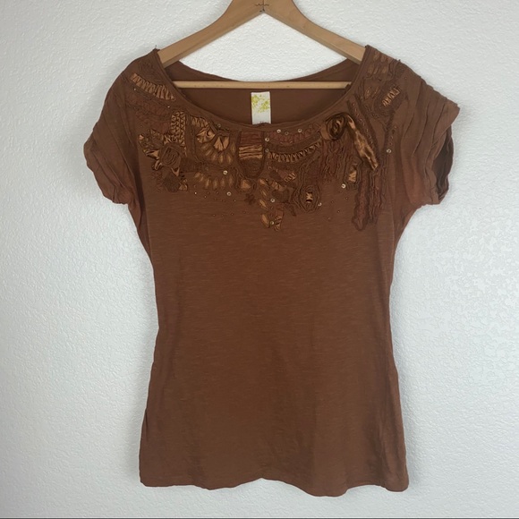 Anthro C. Keer Ribbon Embroidered Floral Beaded Embellished T-Shirt Tee Shirt - Picture 9 of 11